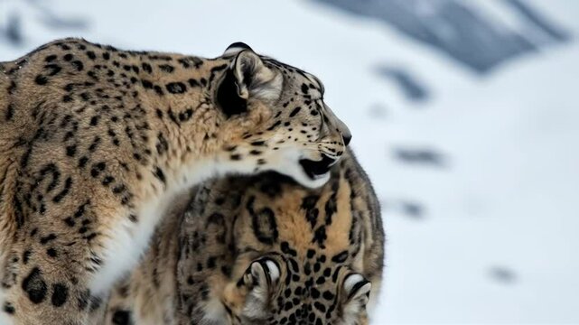 Close up of a snow leopard couple nuzzling affectionately. Two big cats showing a tender bonding moment in a snowy winter environment. Intimate wildlife portrait. International Snow Leopard Day.