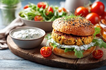 Chickpea veggie burger with tomato herb yogurt dip and cherry tomato salad
