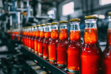 Chili sauce bottles both empty and full at the factory