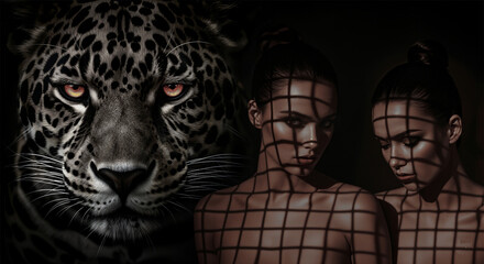 Dark jaguar face with fiery eyes next to two women with grid shadows on their bodies, mysterious atmosphere