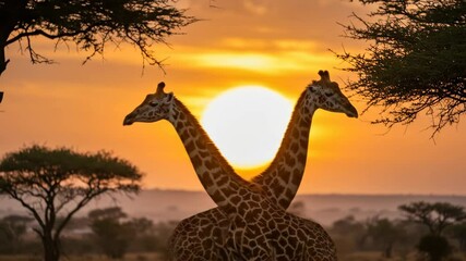 Two giraffes in silhouette forming a heart shape with their necks at sunset. A romantic couple of wild animals in the African savanna. Iconic safari landscape with a golden sun. World Giraffe Day