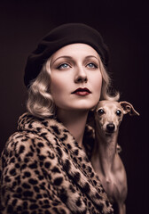 Retro elegance, Blonde woman in a beret and leopard print fur coat, with an Italian Greyhound. Old Hollywood atmosphere