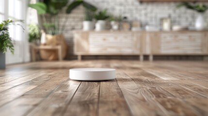 An innovative robot vacuum cleaner on a wooden floor, showcasing the integration of technology into modern home living, making cleaning efficient and convenient for busy lives.