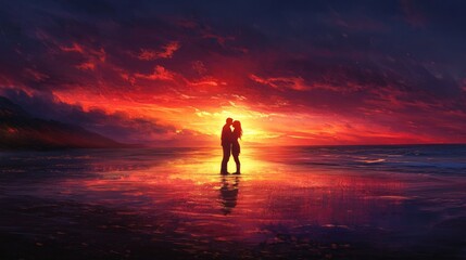Fototapeta premium Silhouetted couple kisses on a beach during a fiery sunset. Deep red and orange clouds fill the sky, casting reflections on wet sand, evoking passion, serenity, and timeless love. Generative AI