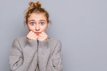 Anxious young woman glancing away feeling fear and stress biting her nails against a neutral backdrop