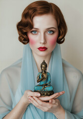 Woman with 1920s hairstyle, red hair, blue eyes, and bold makeup, holding a Buddha figurine
