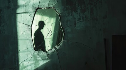 Shattered mirror on aged wall reflects silhouette of person. Cracked glass, distressed frame, dark setting. Mystery and decay dominate composition. Generative by AI