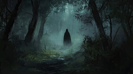 Silhouette of person standing on foggy forest path surrounded by tall trees. Dense mist creates eerie and mysterious atmosphere. Generative by AI