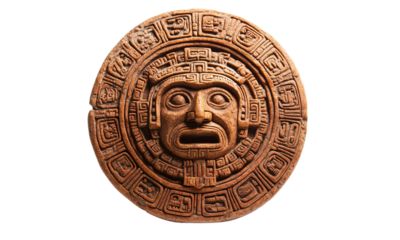 Intricate aztec sunstone carvings cultural ancient art design isolated on transparent background.