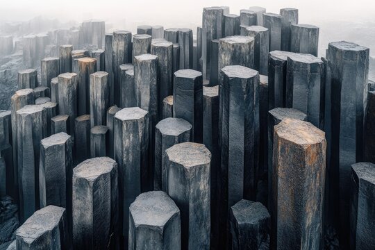 Dramatic basalt columns stand tall in a misty landscape, showcasing unique geological formations and natural textures.