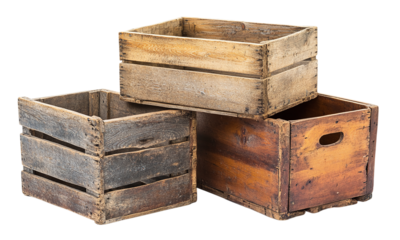 Old wooden storage crates with weathered surfaces rustic containers for decor isolated on transparent background.