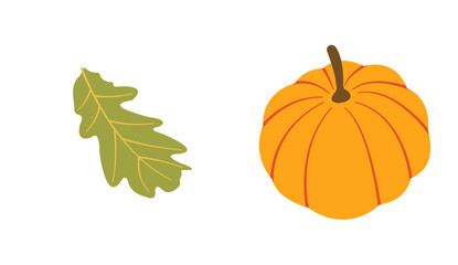 Fall nature icons in flat style: pumpkin, leaf for design projects. Hand drawn vector set for banners, cards, social media
