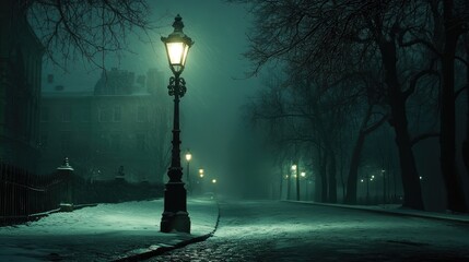 Snow-covered urban street at night with glowing vintage streetlamps, leafless trees, and old buildings. Soft snow falls gently, casting cold and quiet mood. Generative by AI