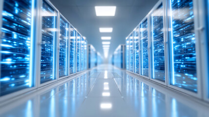 Futuristic data center hallway with glowing blue server racks and bright overhead lighting creates high tech atmosphere. sleek, reflective floor enhances modern design