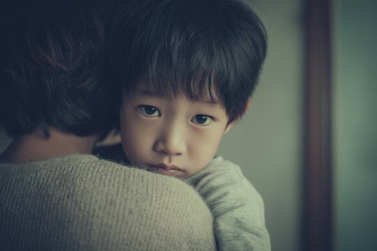 The frightened child clung to his mother reflecting sadness and fear linked to domestic violence