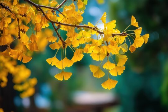 Ginkgo Ginkgo biloba branch with vibrant yellow leaves set against a blurred green garden backdrop Focused on a golden autumn scene in a landscaped area - Powered by Adobe