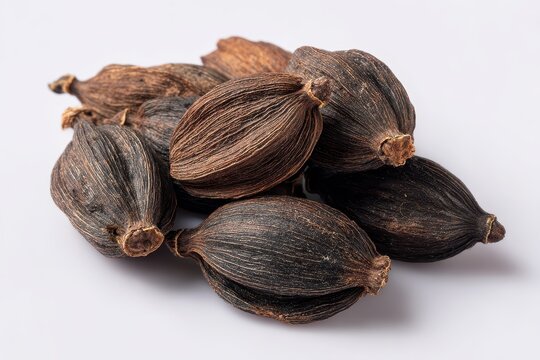 Dark cardamom against a light backdrop