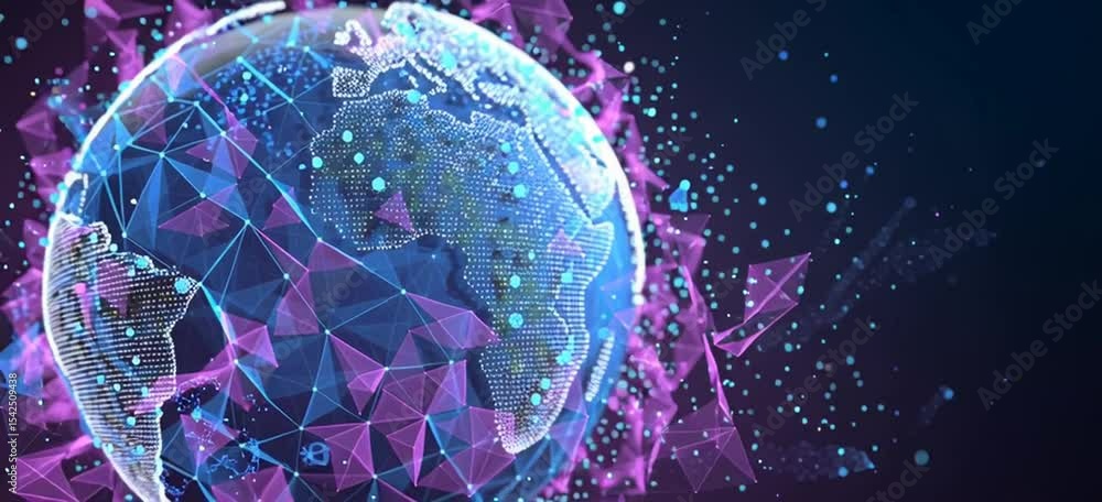 Poster abstract digital background with planet earth and connecting lines, in a blue and purple color schem