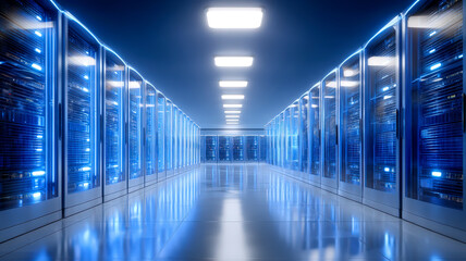 Futuristic data center hallway with glowing blue lights and reflective floors creates high tech atmosphere. Rows of server racks line corridor, showcasing advanced technology