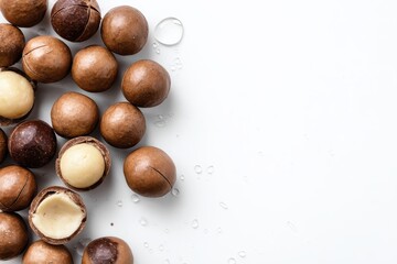 Delicious macadamia nuts on a white backdrop top view Text space available