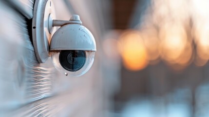 A close-up of a home security camera, emphasizing safety, surveillance, and modern technology in a tranquil neighborhood setting as the sun sets.