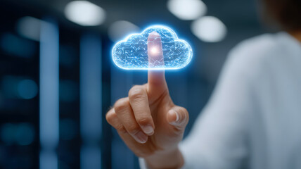 Person interacts with digital cloud icon in server room, symbolizing cloud computing and data storage technology. glowing cloud represents innovation and connectivity