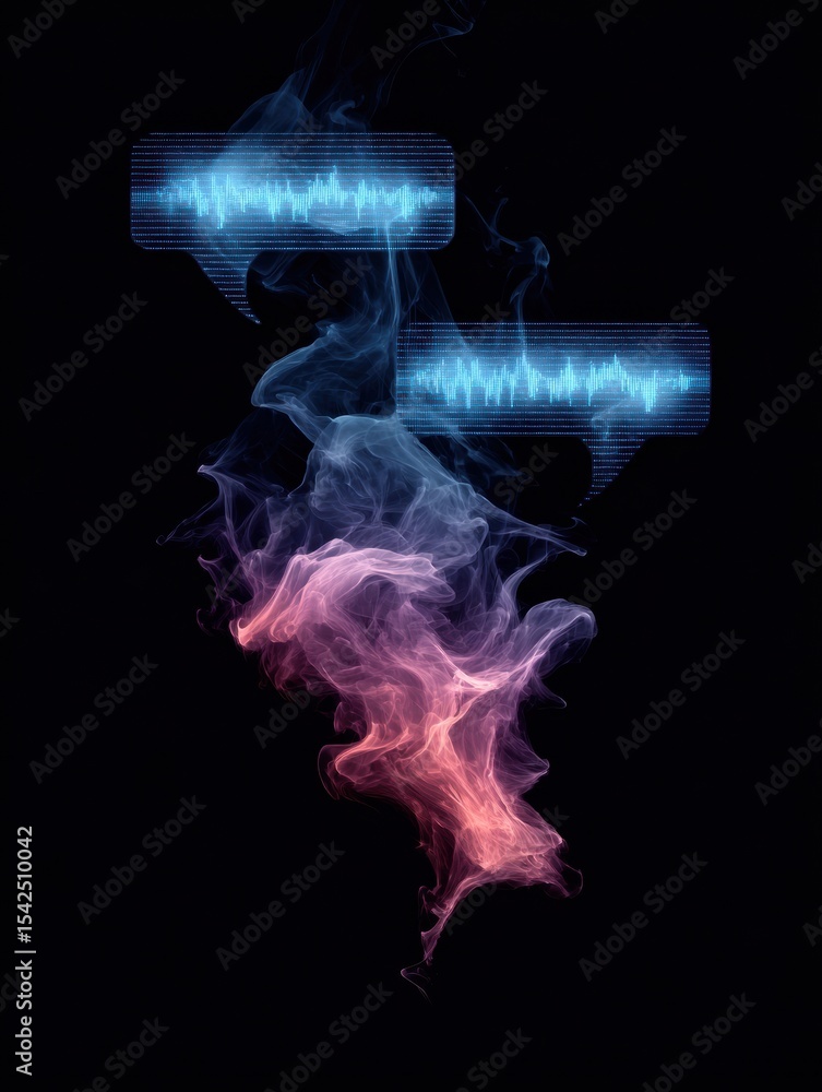 Poster digital storytelling visual featuring waveform designs and quote bubbles in a creative and abstract 