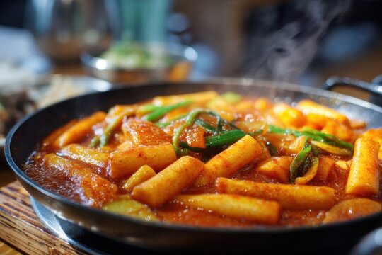 Detailed view of tteokbokki in a metal pot on a wooden board South Korea