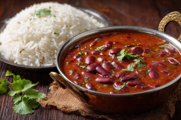 Rajma Chawal a favored North Indian dish features red kidney beans simmered with onions tomatoes and spices accompanied by cumin rice