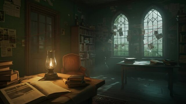 Exploring Detective's Study with Desk, Books and Evidence Pinned to Windows