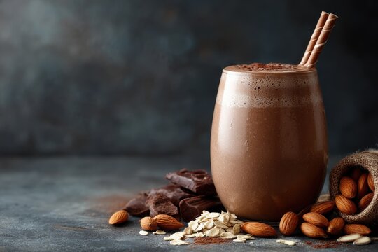 Dark backdrop smoothie with chocolate almond milk and oats Blurred focus room for text