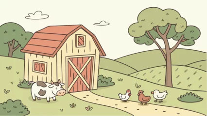 Fototapete Cartoon farm scene with barn, cow, chickens, and trees vector illustration for kids and children art © gizelli
