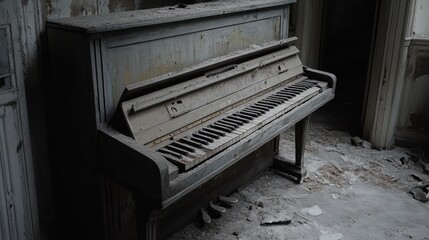 Dusty grand piano stands alone in a decaying room with peeling walls and broken floorboards. Light enters through large windows, casting shadows on forgotten instrument. Generative by AI