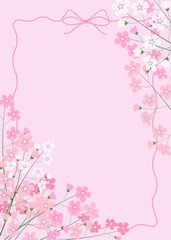 Delicate little flowers with ribbon and bow on pink background. Vector greeting card template.