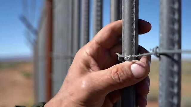 A Firm Hand Clutches the Cold Metal: Close-up on a person gripping the rigid steel bars of a border barrier, symbolizing immigration, security, and the physical divide.