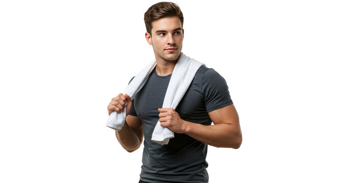 Athletic Man with Towel Resting After Workout Isolated.