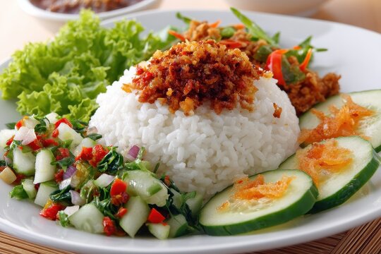 Separate serving of pecel rice ideal for menu listings Nasi pecel is a traditional Javanese dish featuring rice pecel sauce and vegetables