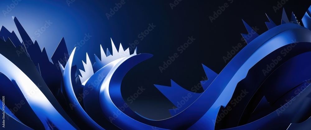 Poster abstract blue metallic wave shapes with sharp edges on a dark gradient background