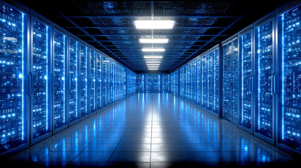 Fototapeta premium Futuristic data center hallway with glowing blue lights and rows of servers creates high tech atmosphere. symmetrical design and illuminated panels enhance modern feel