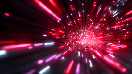 Dynamic burst of red and white light streaks creates futuristic and energetic visual effect, resembling high speed journey through tunnel of vibrant colors