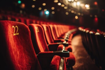 Shots of an empty theater featuring blurred vintage red seats with numbers including theater and cinema seating Rows of red chairs in the auditorium