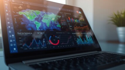Laptop displaying global data analytics dashboard with charts, graphs, and world map in modern office setting