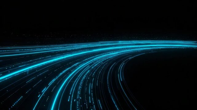 Glowing Curved Data Streams Flowing Smoothly Across Dark High-Tech Abstract Background with Blue and Cyan Light Trails
