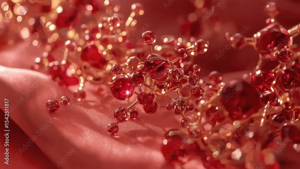 Poster abstract molecular structure with red and gold spheres on a soft fabric background