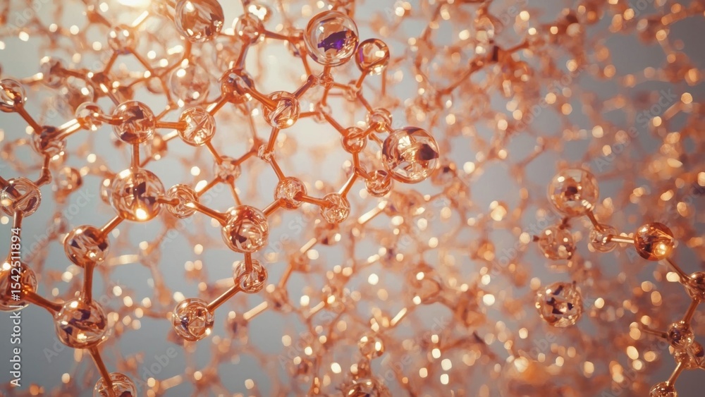 Poster abstract molecular structure with interconnected golden spheres and glowing nodes in a scientific co