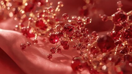 Abstract molecular structure with red and gold spheres on a soft fabric background