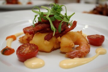 Fine dining upscale starter calamari tempura shrimp and sausage