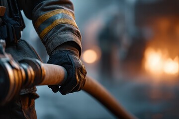 Firefighter at the station holding a hose Cropped photo