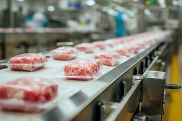 Obraz na płótnie Canvas Food production facility for packaged meat items on a conveyor