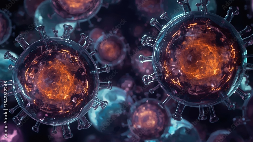 Poster close-up of glowing virus particles with spiked structures in a dark microscopic environment